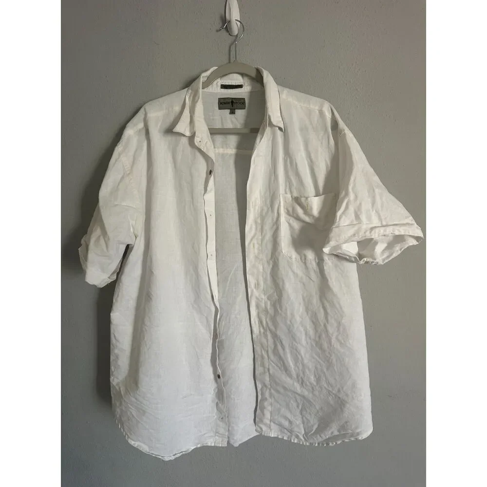 Robert Stock Men's L White Ramie Cotton Button Up Shirt Short Sleeve Beach - Picture 3 of 8
